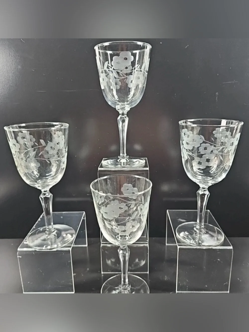 Vintage 1955 Libbey Glass Glenmore Set of 4 Floral Flower Etched 7” Goblets